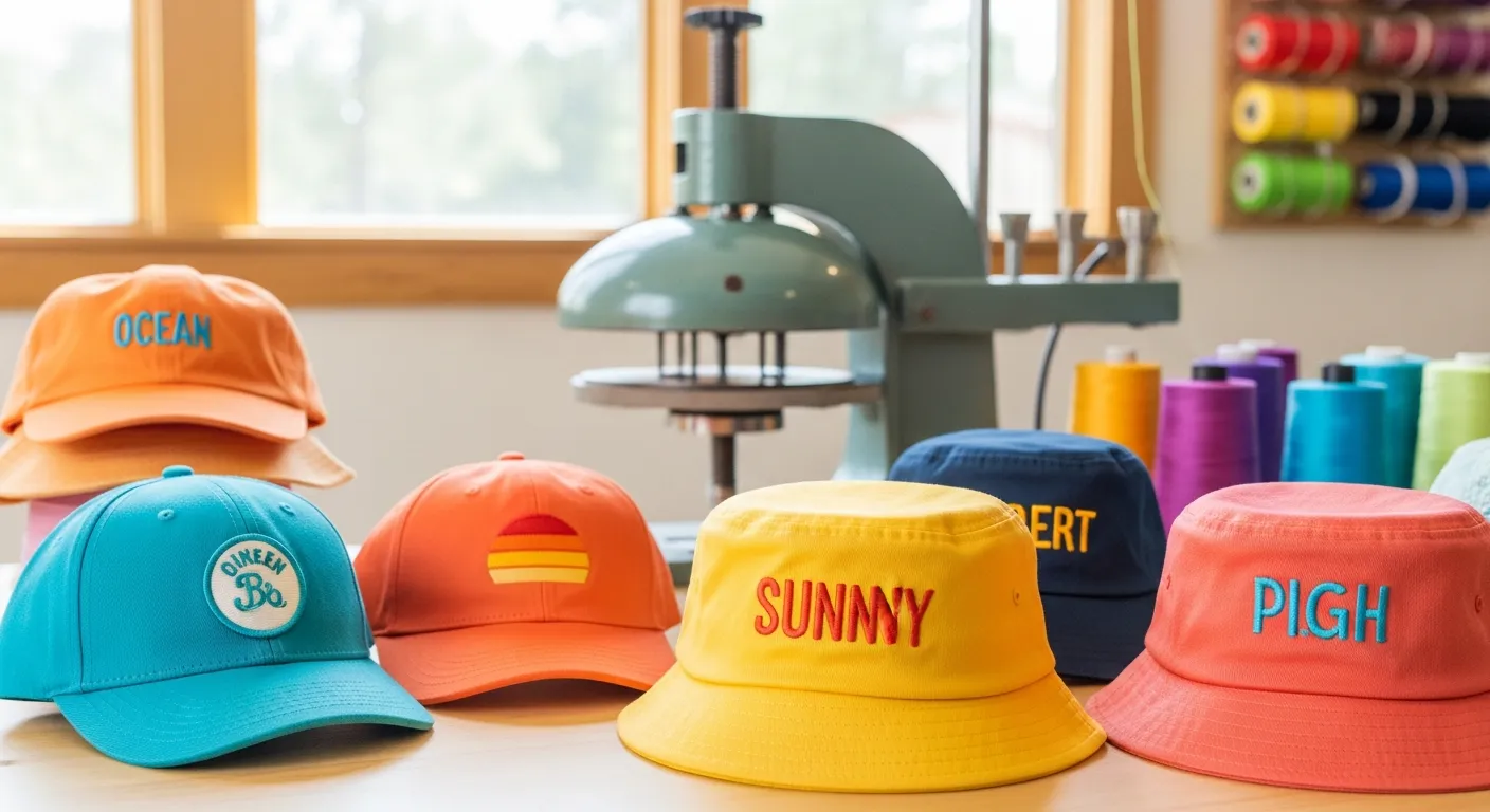 Colorful custom-branded hats and caps made by kids at camp