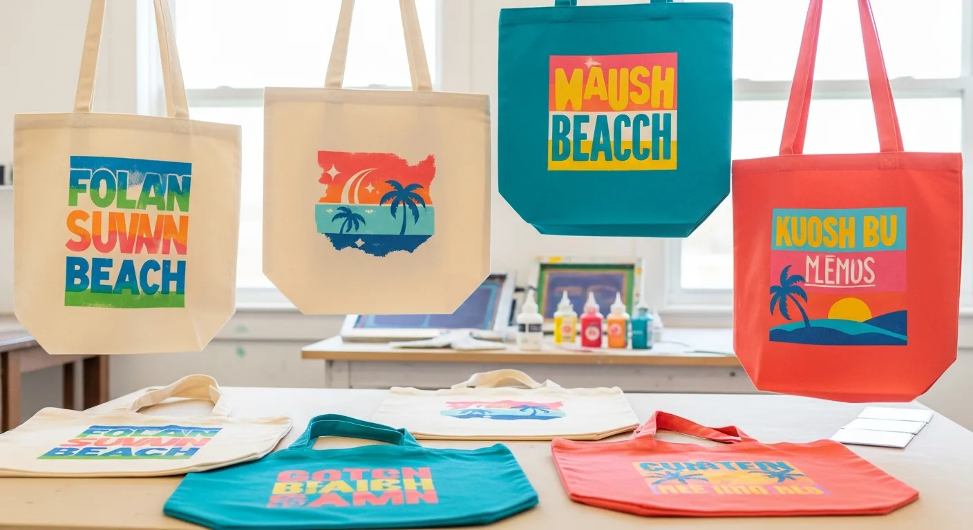 Colorful personalized canvas tote bags made by kids at camp